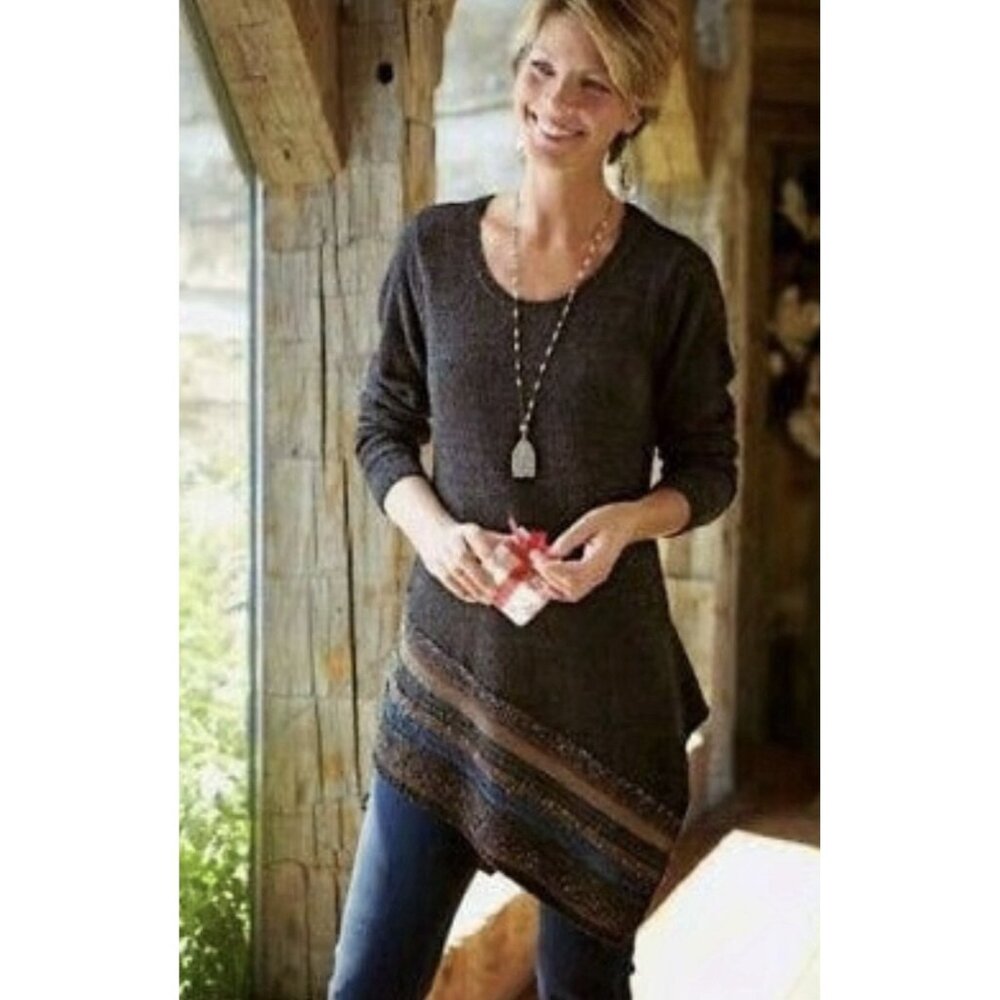 Soft Surroundings Raku‎ Tunic Boho Knit Asymmetric Sweater Top Brown Sz L Casual
